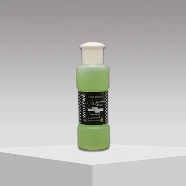 Transparent bottle of Aloe Vera Skin Shiner (120ml) with green aloe vera gel, designed for radiant and hydrated skin care.